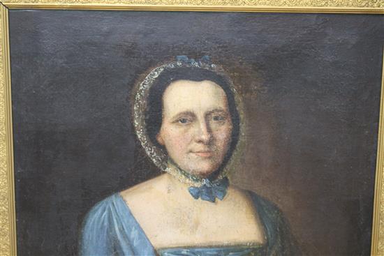 18th century English School, oil on canvas, Portrait of a lady wearing a blue dress, 72 x 62cm